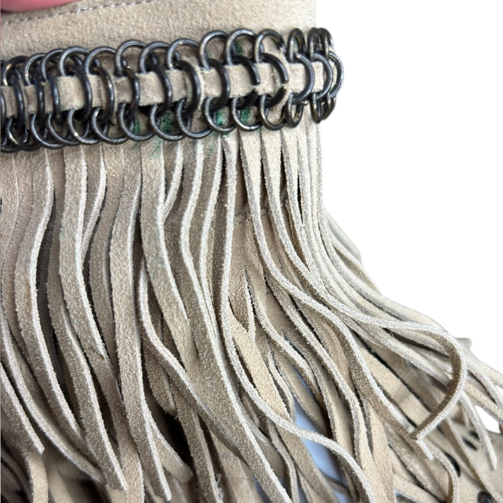 Lane Beige Suede Fringe Peep Toe Booties Metal Studs Chain Embellishment 8.5 - Picture 10 of 11